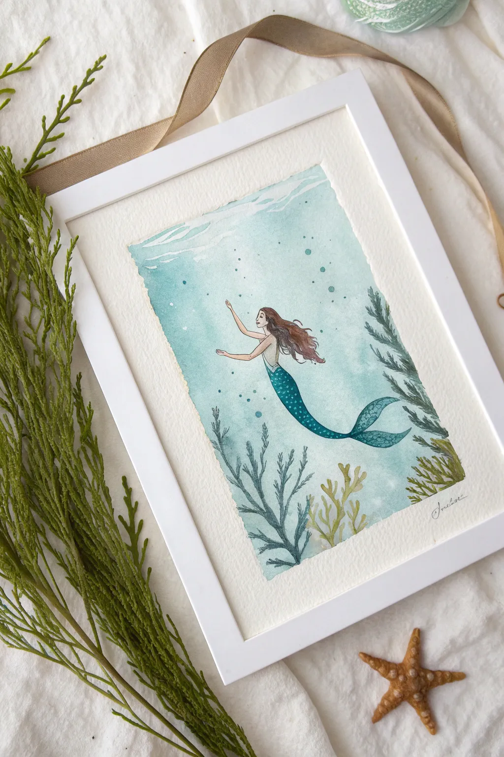 Minimal mermaid framed by flowing kelp, soft watercolor texture and calm Nordic-boho mood