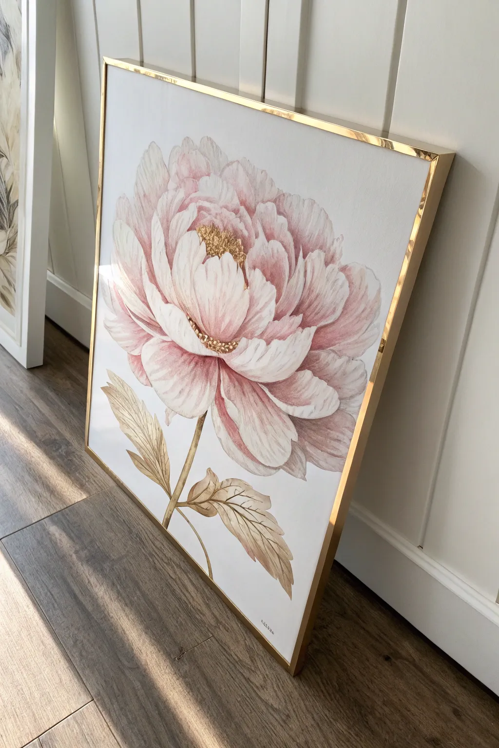 Matte blush petals with metallic gold edges create a luminous, dimensional acrylic bloom.
