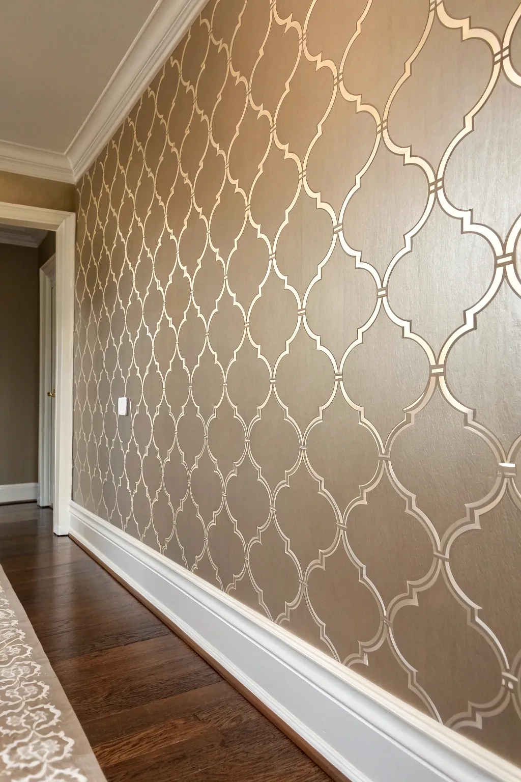 Crisp metallic stencil pattern over matte paint for a modern, softly boho statement wall.