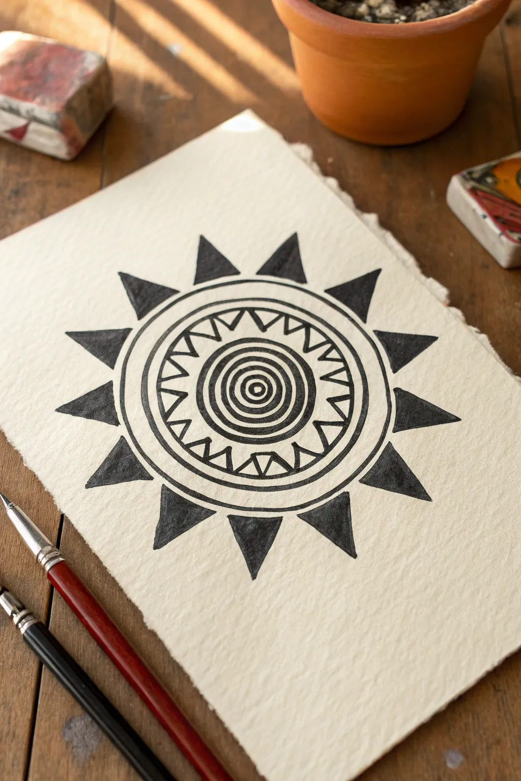 Minimal ancient-inspired sun emblem with bold rays and geometric rings, clean and easy to draw