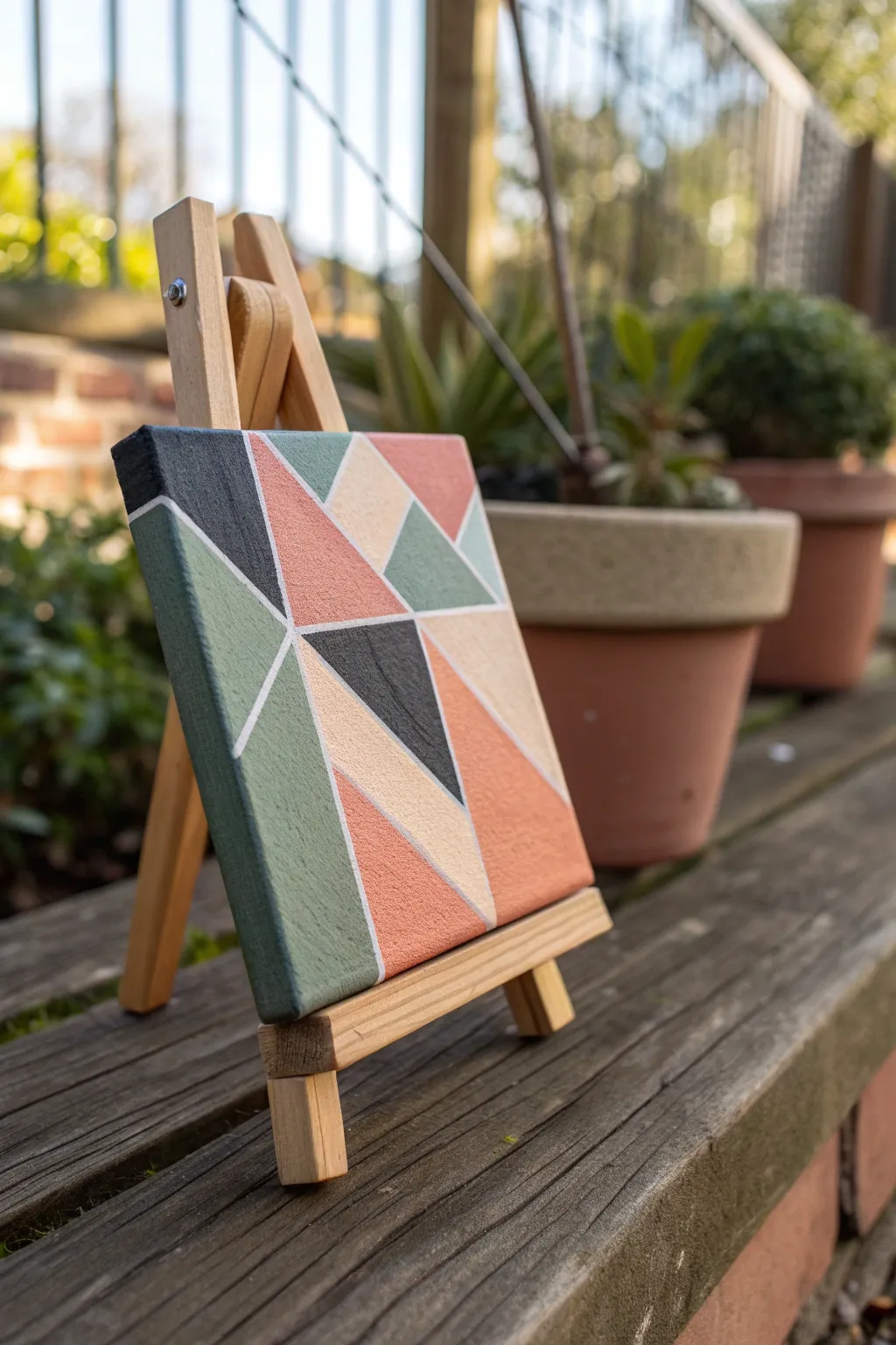 Mini abstract color blocks on a tiny canvas, simple palette, bold contrast, calm boho mood.