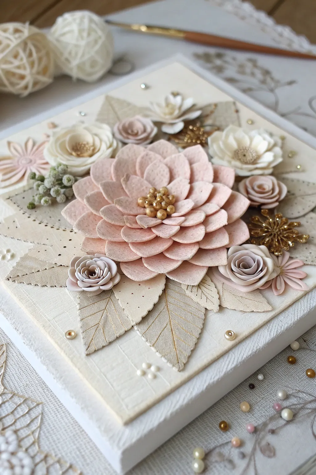 Mixed media canvas with a bold 3D focal cluster, soft neutral backdrop, and crafted boho texture