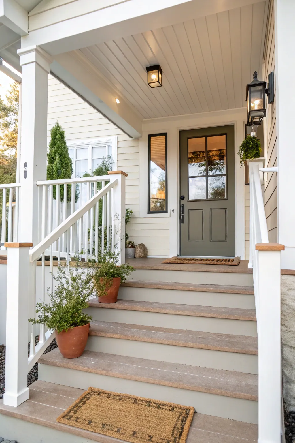 Cohesive mobile home entry where steps, railings, and posts match the trim for polish.
