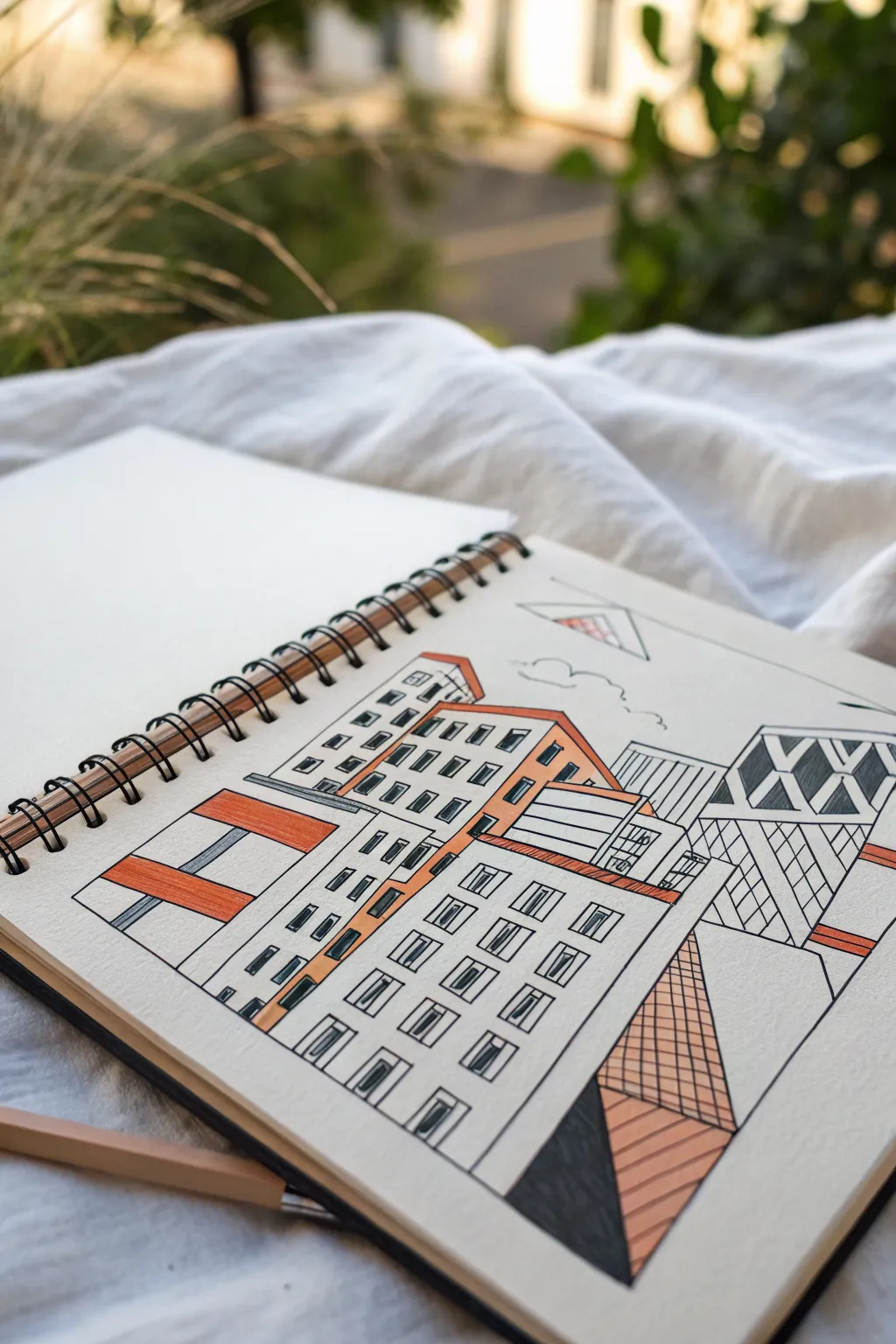 Abstract cityscape sketch with broken perspective, repeating forms, and bold color accents