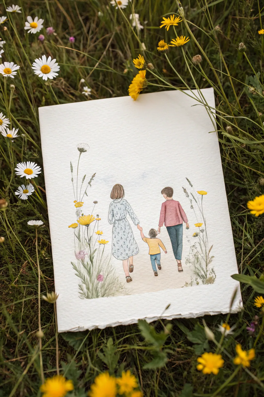 Minimal watercolor of a mom and son in wildflowers, a calm nature-walk painting idea to recreate