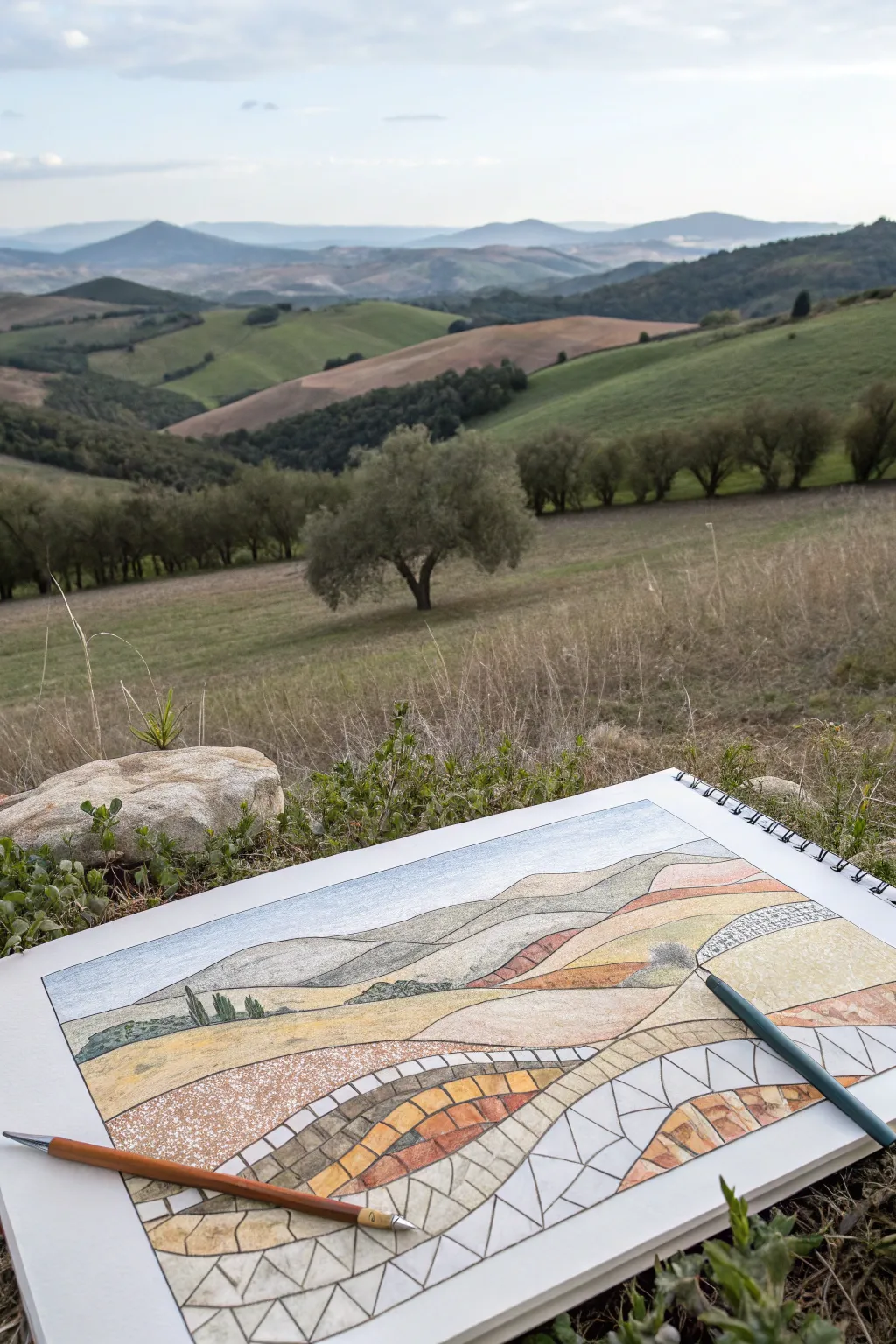 Layered hill mosaic tiles in soft earthy tones, a calm sky, and bold tree silhouettes.