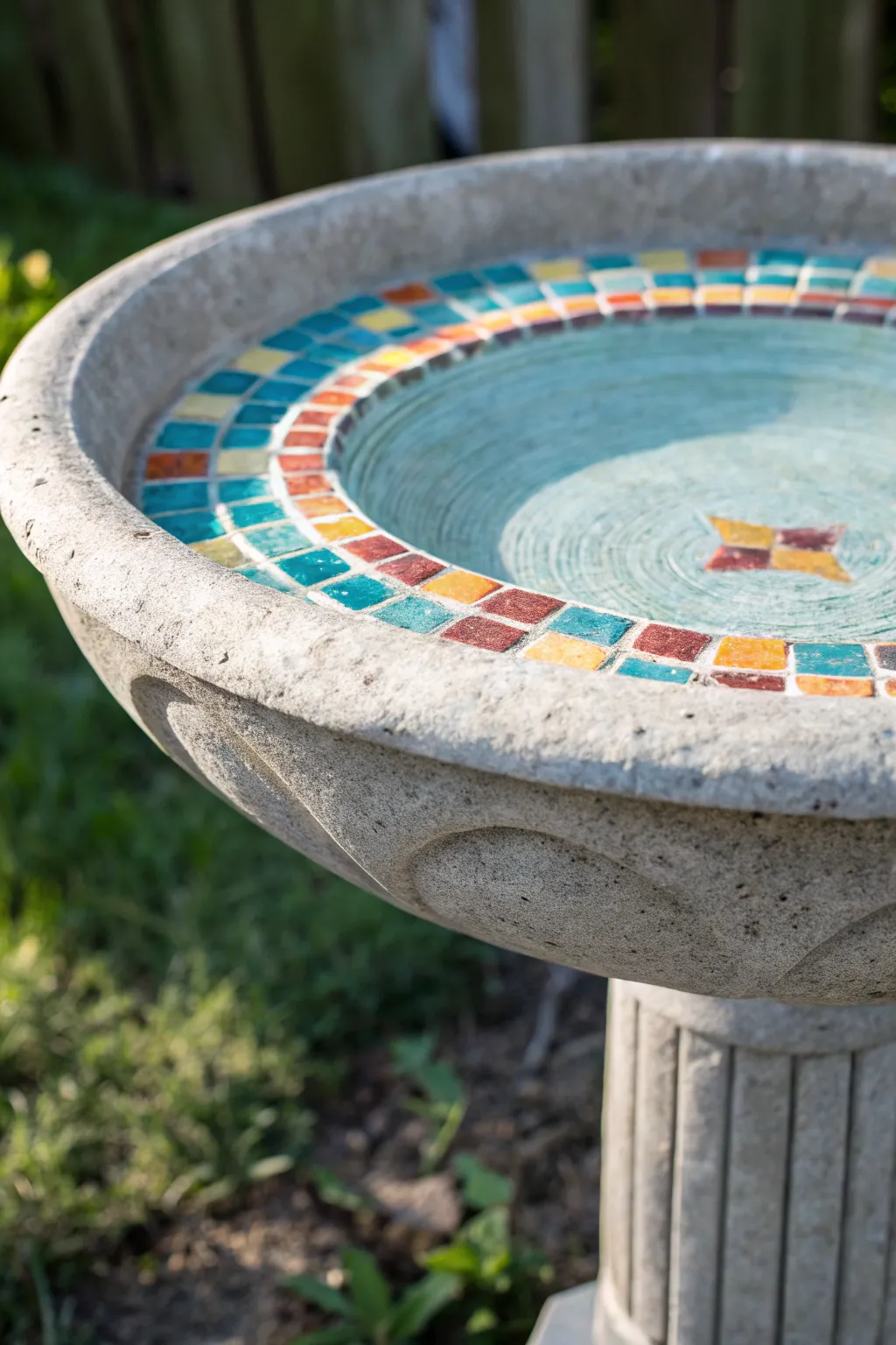 Bright mosaic rim accents turn a simple stone birdbath into a cheerful garden focal point