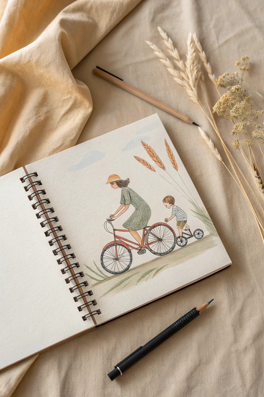 Minimalist sketch idea: mom steadying the bike as her son pedals forward with confidence