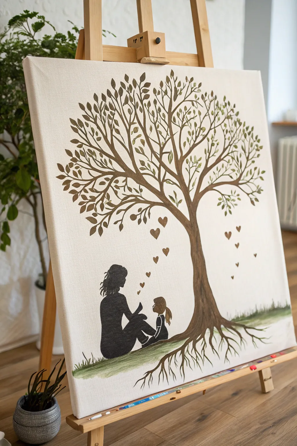 Warm minimalist Tree of Life canvas with hidden heart leaves and a mother-daughter moment.