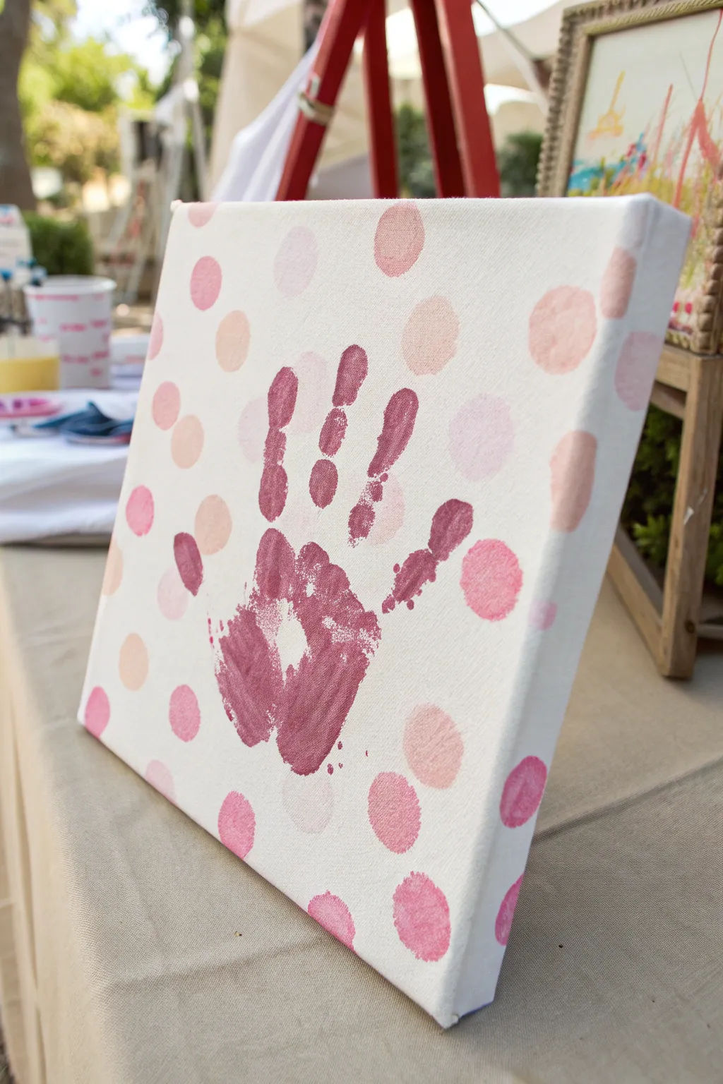 Sweet bubble-print canvas with a bold handprint centerpiece, perfect for toddler Mothers Day art