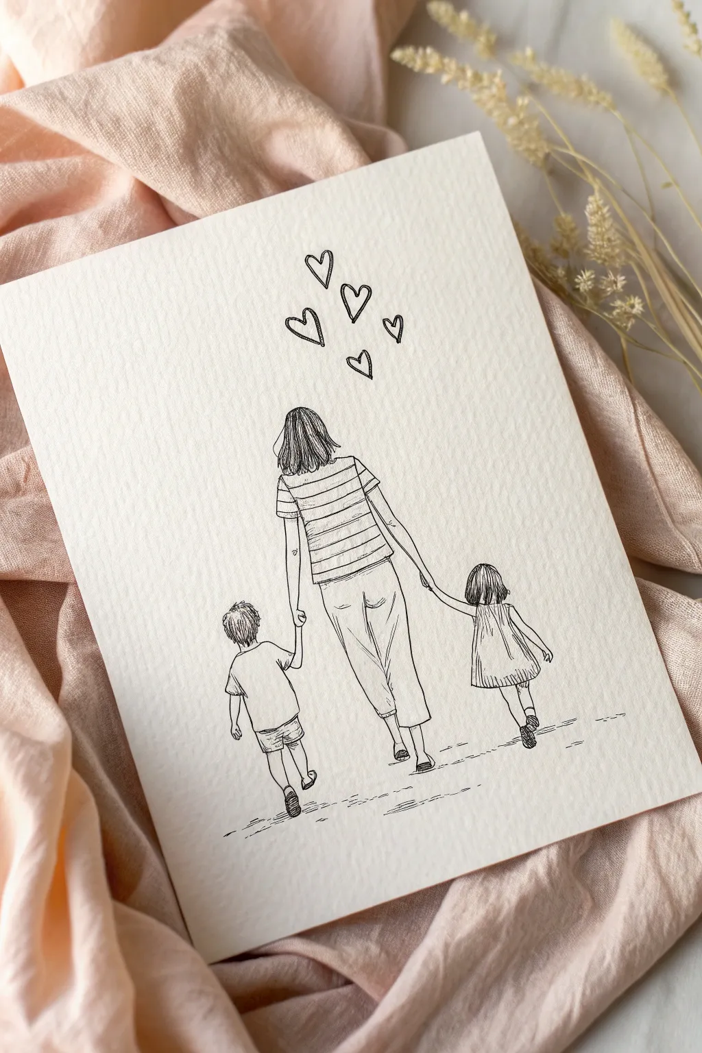 Minimal line art of mom and two kids walking hand in hand, sweet hearts and soft boho calm.