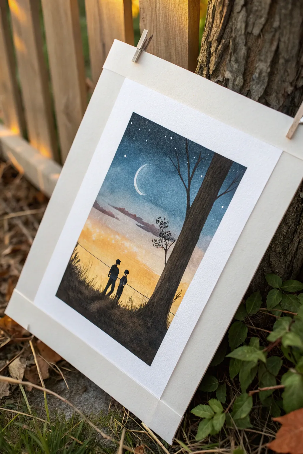 Paint one movie still split in two: warm day on the left, cool night on the right, same silhouettes.