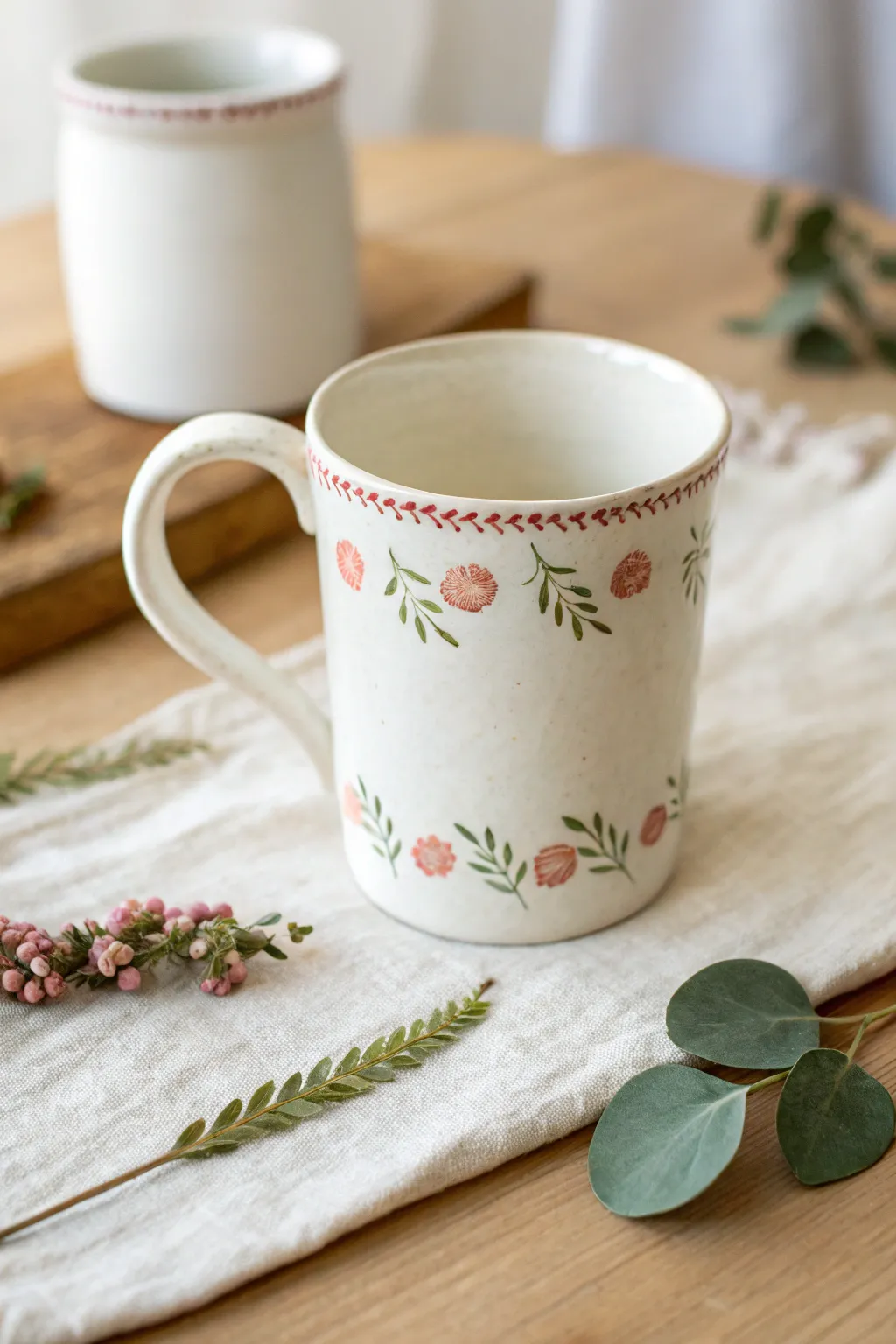 Tiny hand-painted blossoms crown the rim for an easy, delicate floral mug border.