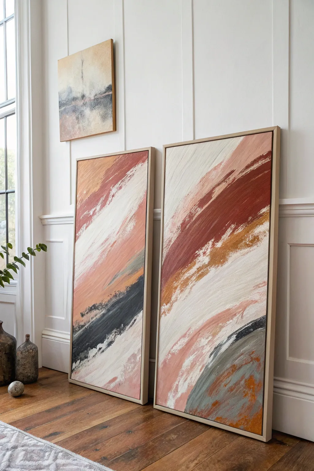 Twin abstracts in a shared palette, a minimalist diptych that feels calm, crafted, and modern.