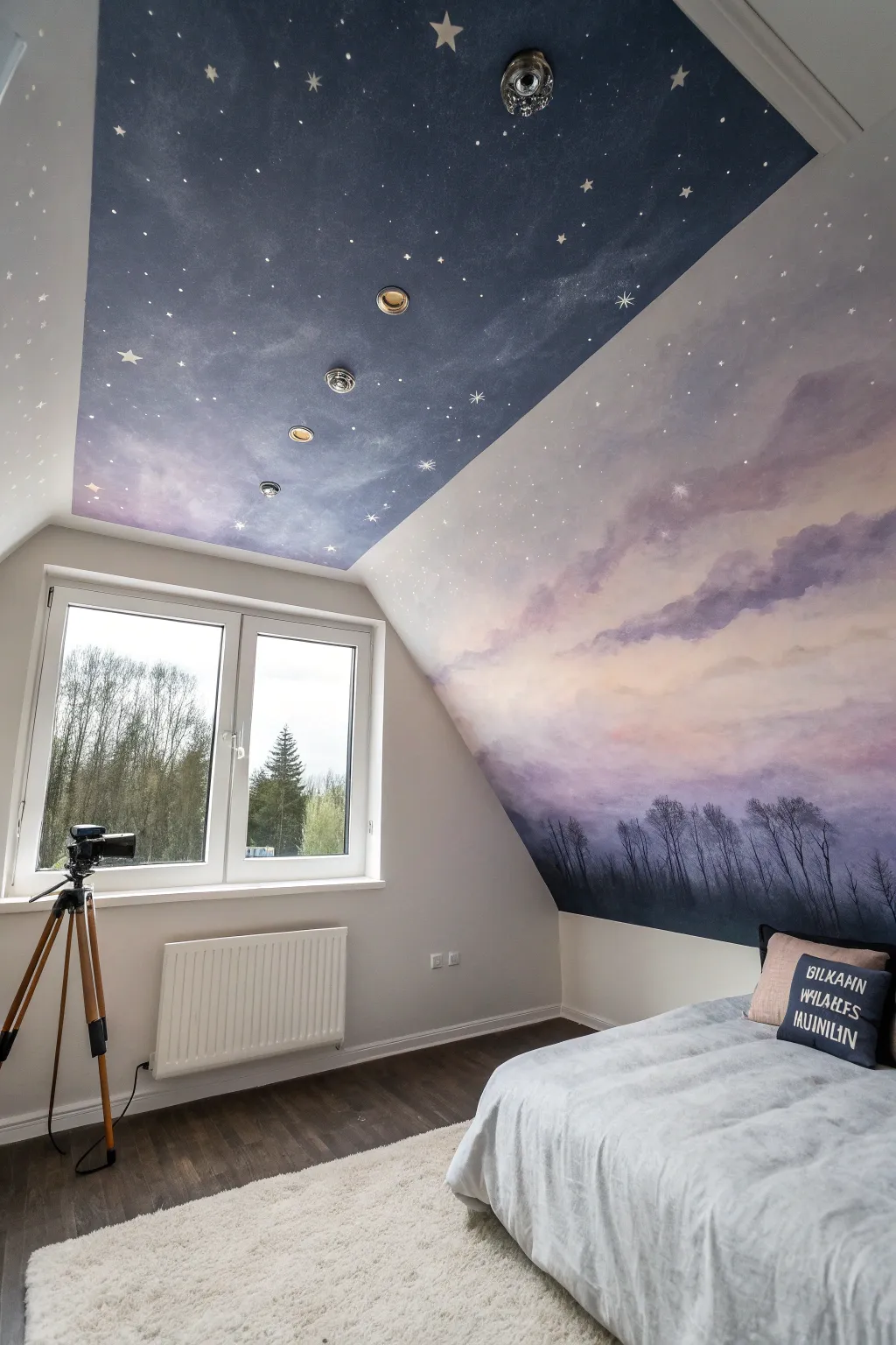 Twilight sky ceiling mural with soft gradients and starry constellations for a calm boho bedroom