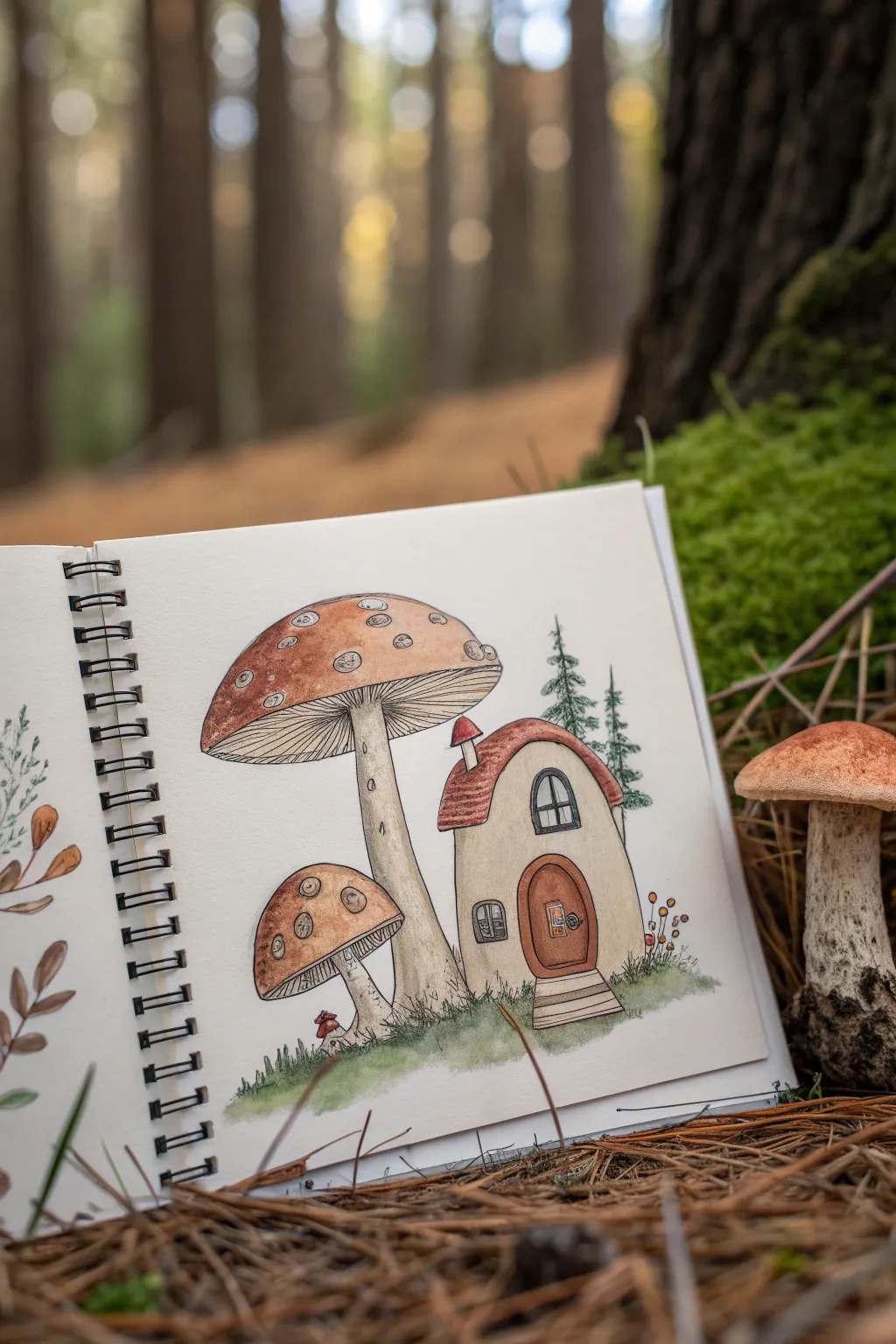 Clustered mushroom house idea: main cap with two smaller room-mushrooms linked by a bridge