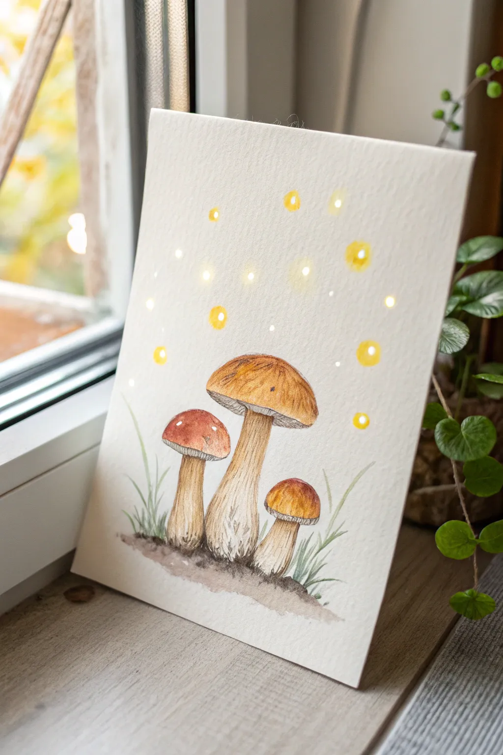 Firefly dots around simple mushrooms, an easy minimalist painting idea with instant fairy-light magic