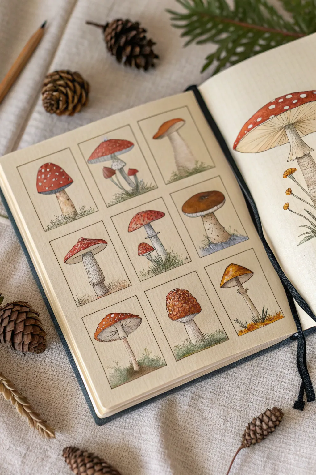 Mini mushroom studies in a clean sketchbook grid, soft boho neutrals, crisp contrast.