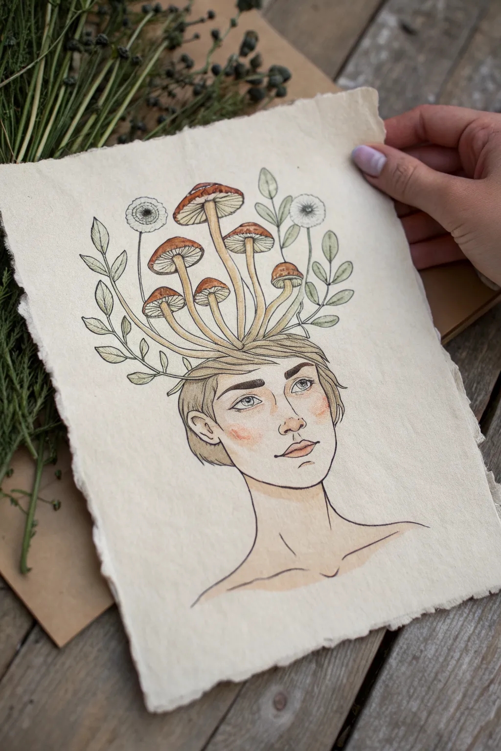 Draw a calm bust crowned with eye-spotted mushrooms for a soft minimalist weirdcore vibe