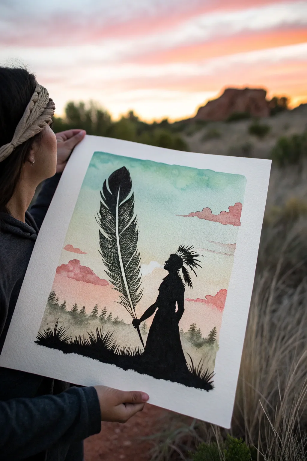 Bold silhouette meets a dreamy sunset wash for a minimalist Native American inspired painting study