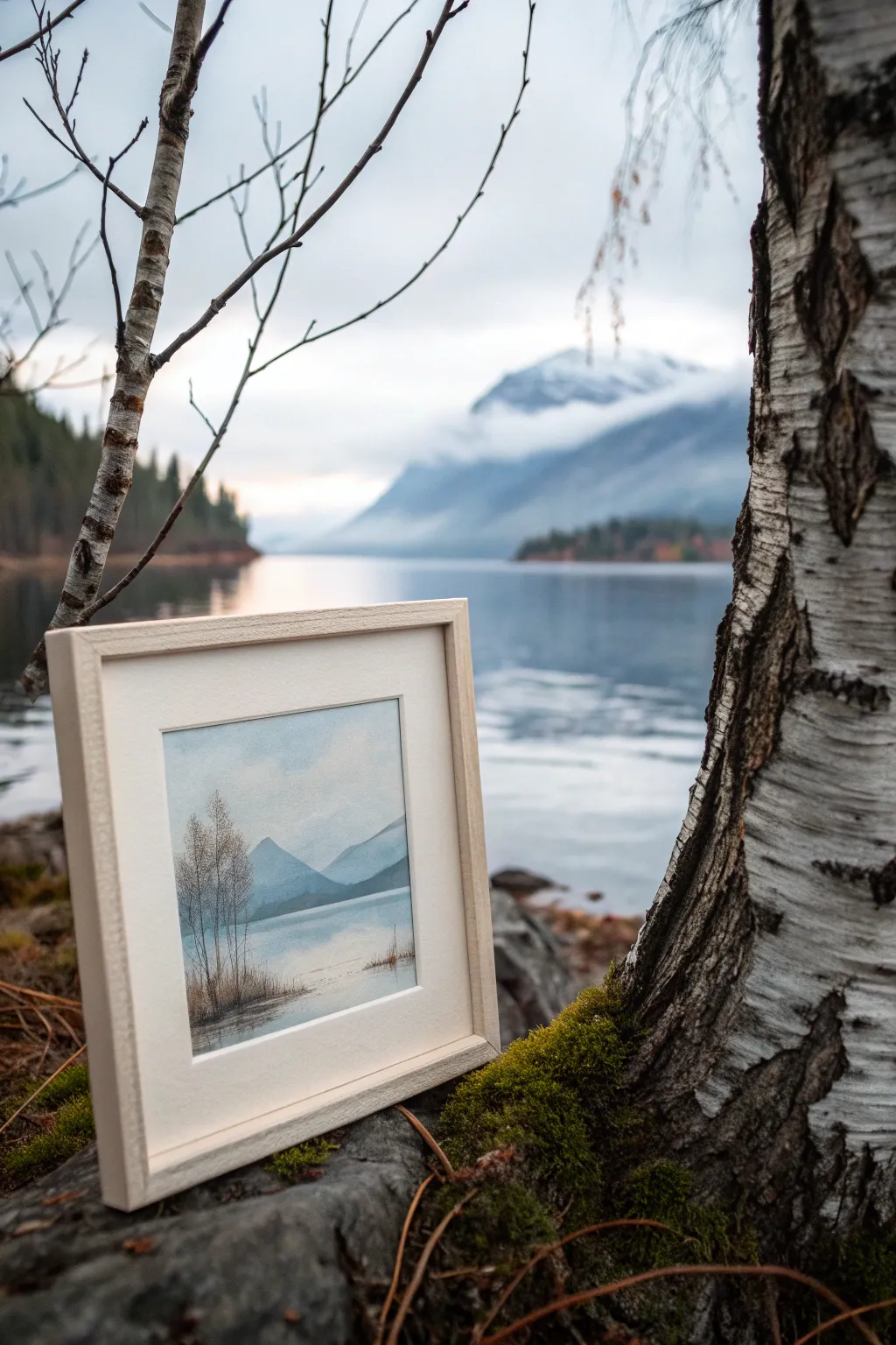Dark branches frame a calm lake vista, a minimalist nature painting idea with boho warmth.