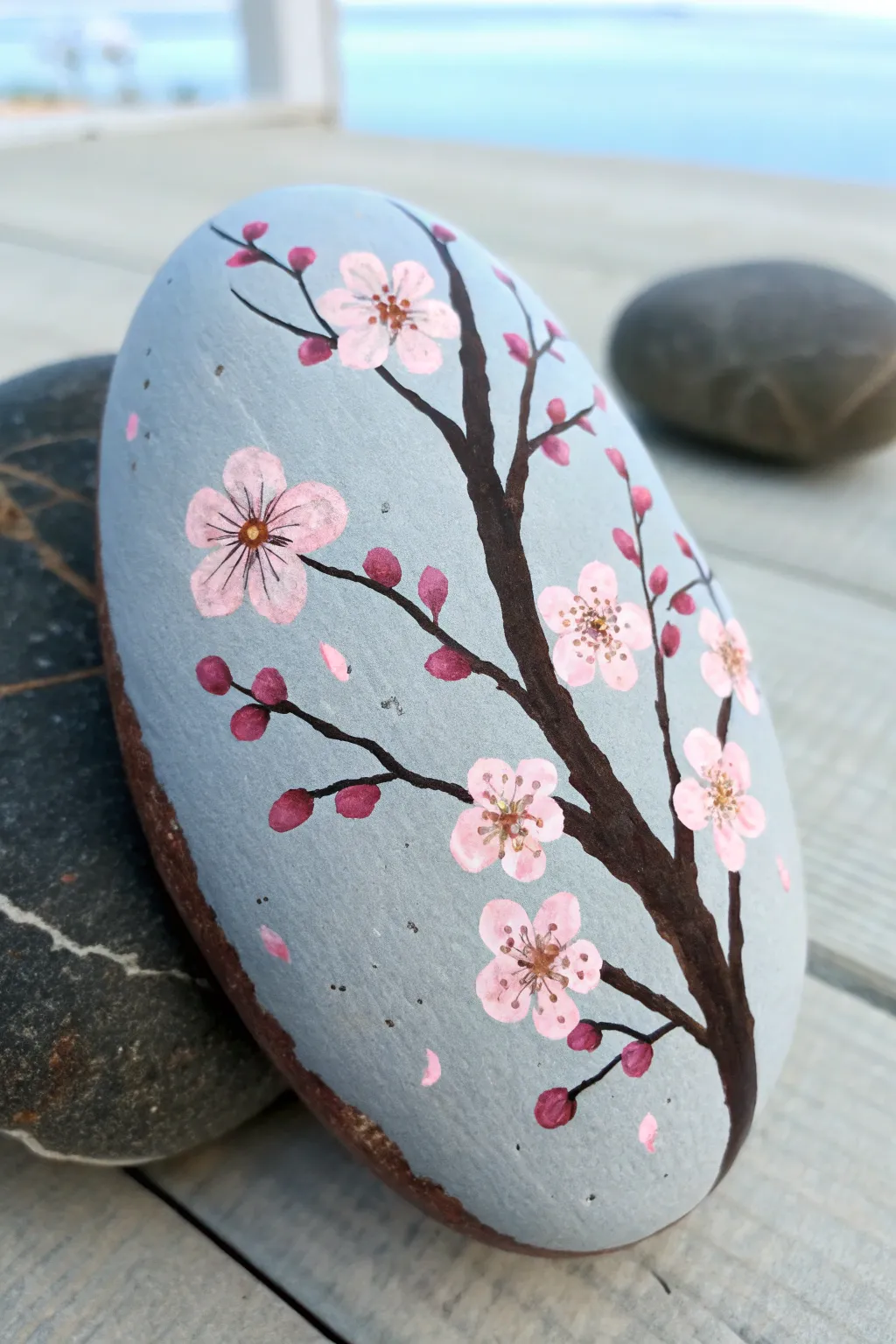 Simple cherry blossom branch rock painting on pale sky background, airy spring contrast