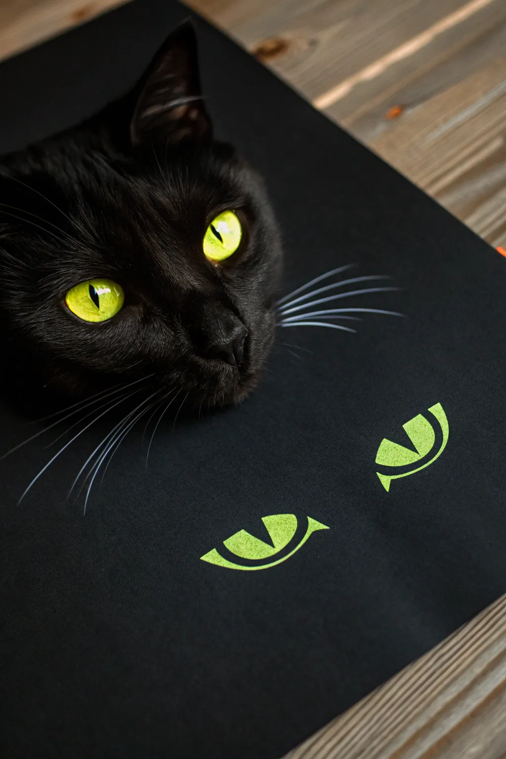 Minimal neon cat eyes glowing on deep black paper, dramatic negative space and mystery.