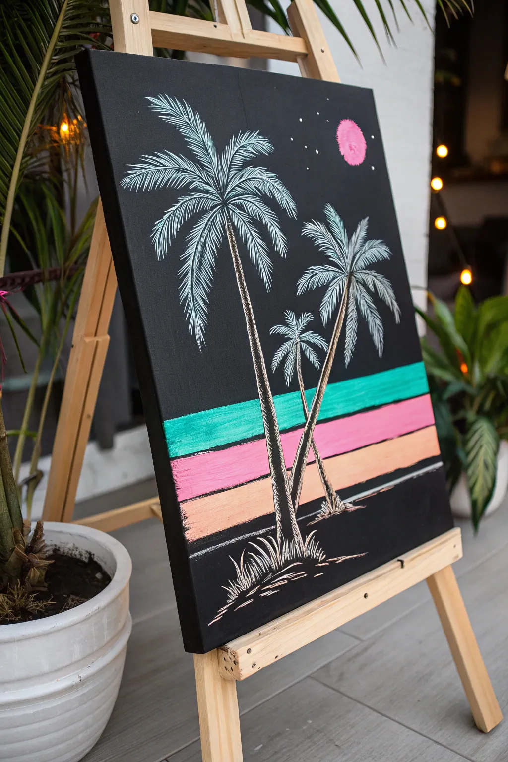 Neon palm silhouettes and a glowing horizon bring dreamy night vibes to a black canvas.
