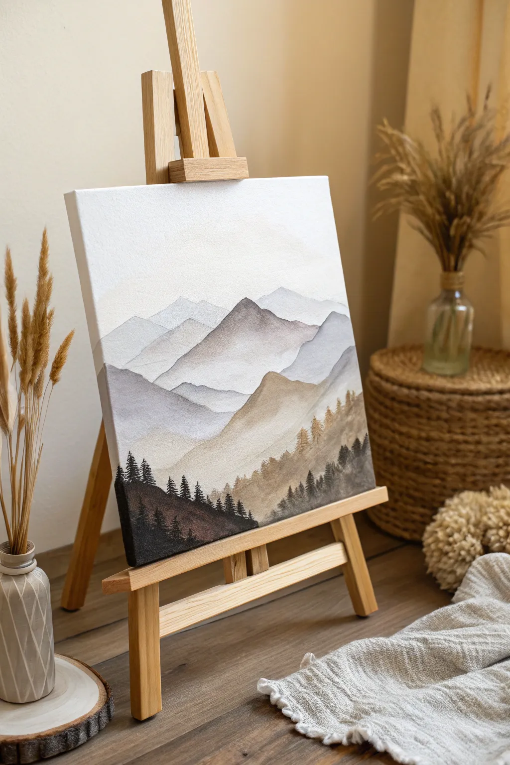 Taupe-on-taupe mountain layers bring soft contrast and Scandinavian calm to your neutral art wall.