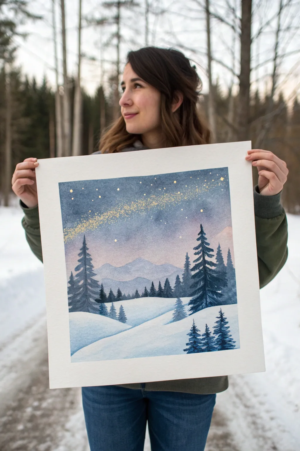 Easy New Year scene: minimalist winter pines and soft distant fireworks, perfect for beginners.