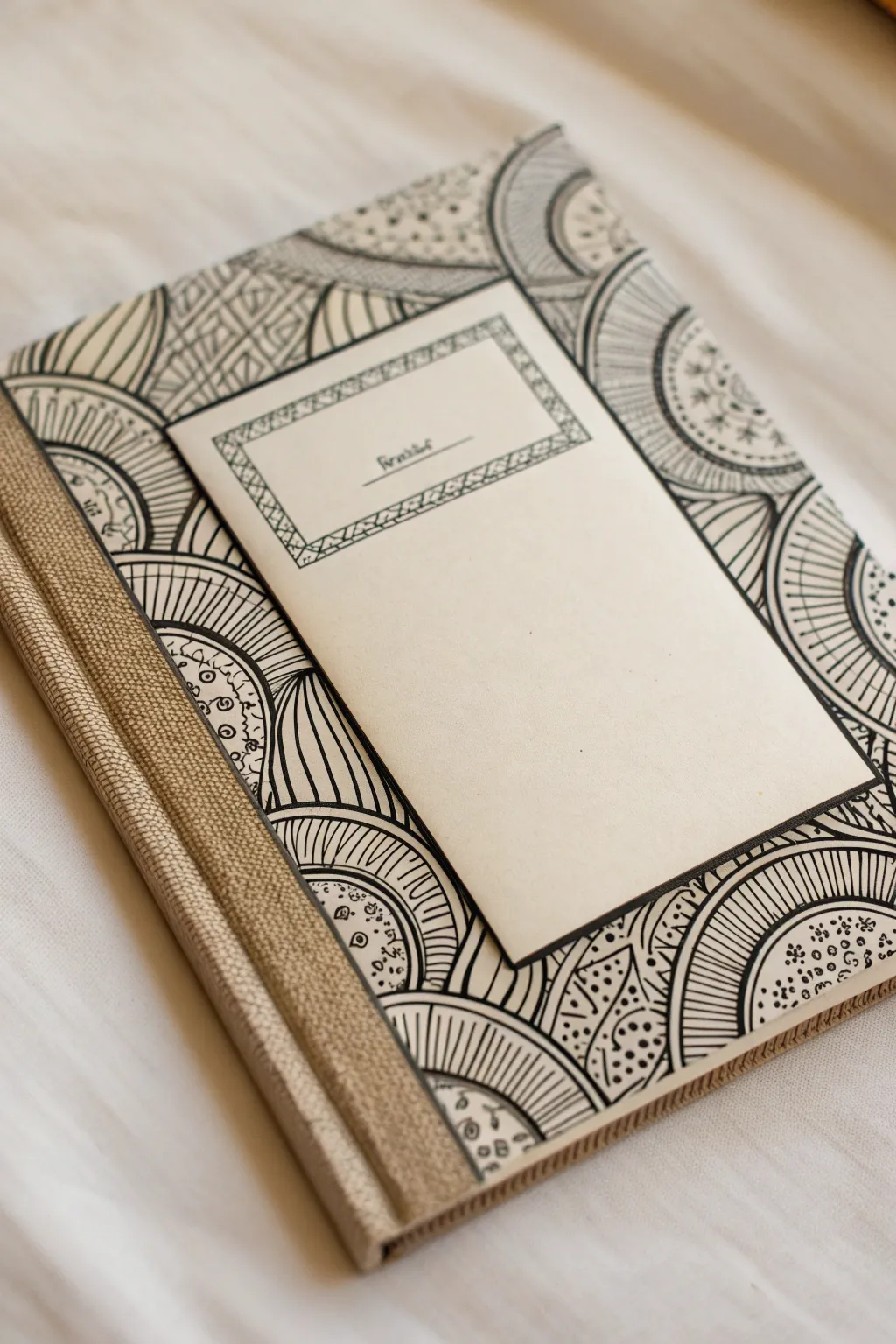 Zen-doodle border frame for a clean notebook cover layout, intricate edges with a calm blank center