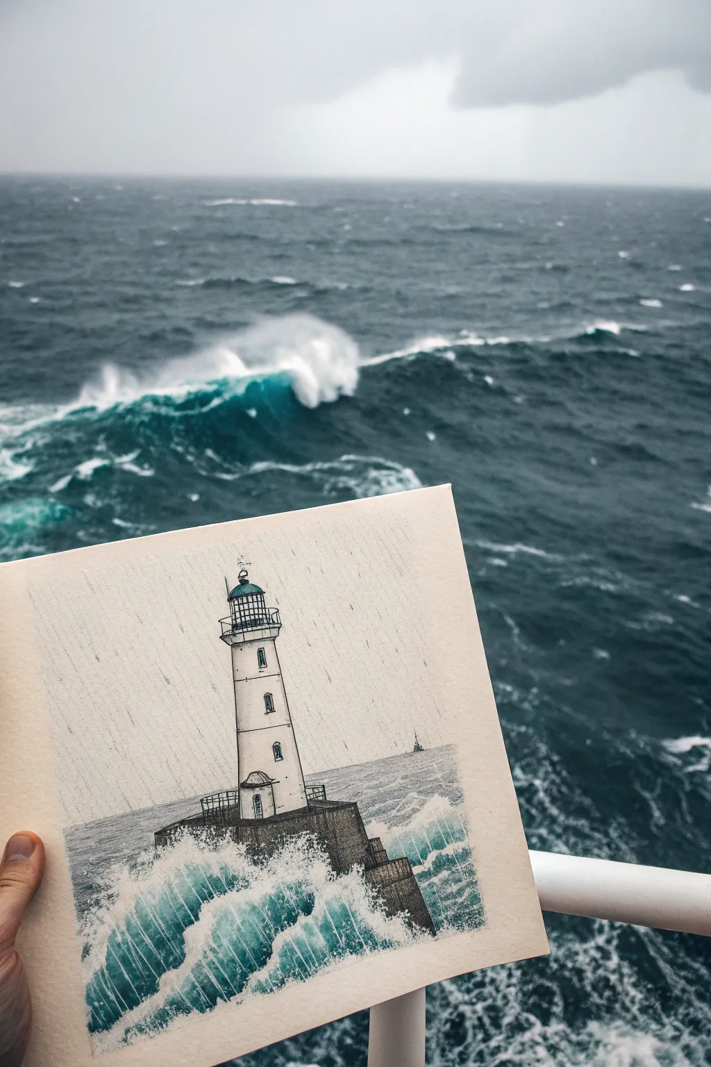 Windy cliffside lighthouse artwork with stormy waves, rain lines, and crisp foam bursts