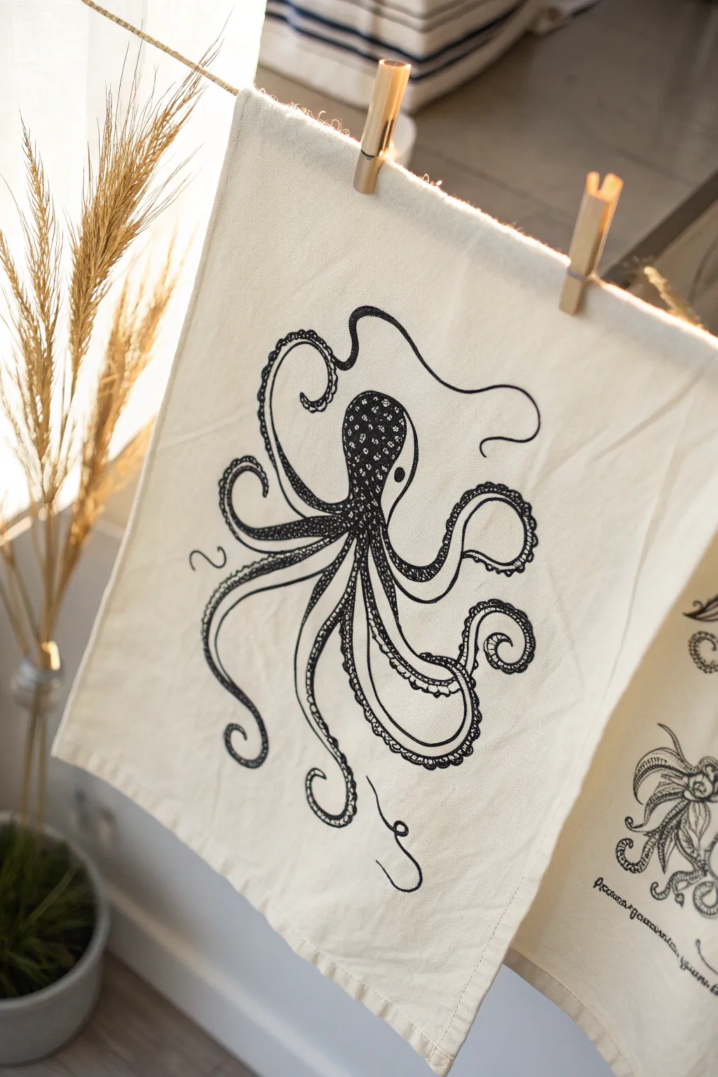 Minimal single-line octopus silhouette on warm white paper, serene Scandinavian boho vibe.