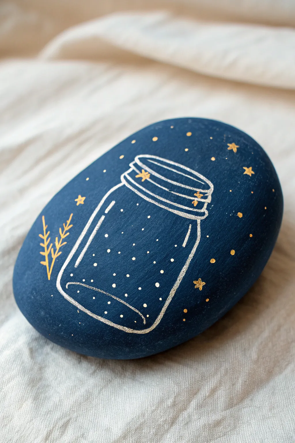 Cozy firefly jar rock painting with layered glow depth, minimalist night palette and warm sparkle