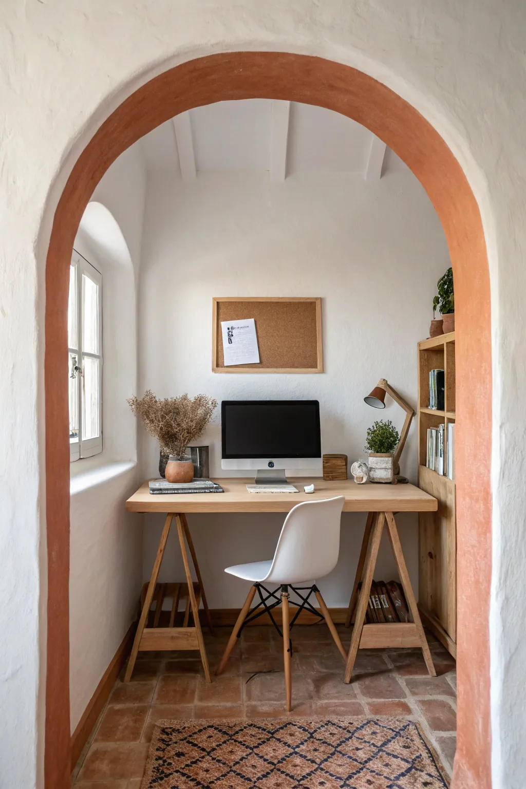 A soft painted arch halo behind the desk anchors the workspace with calm Scandinavian style.