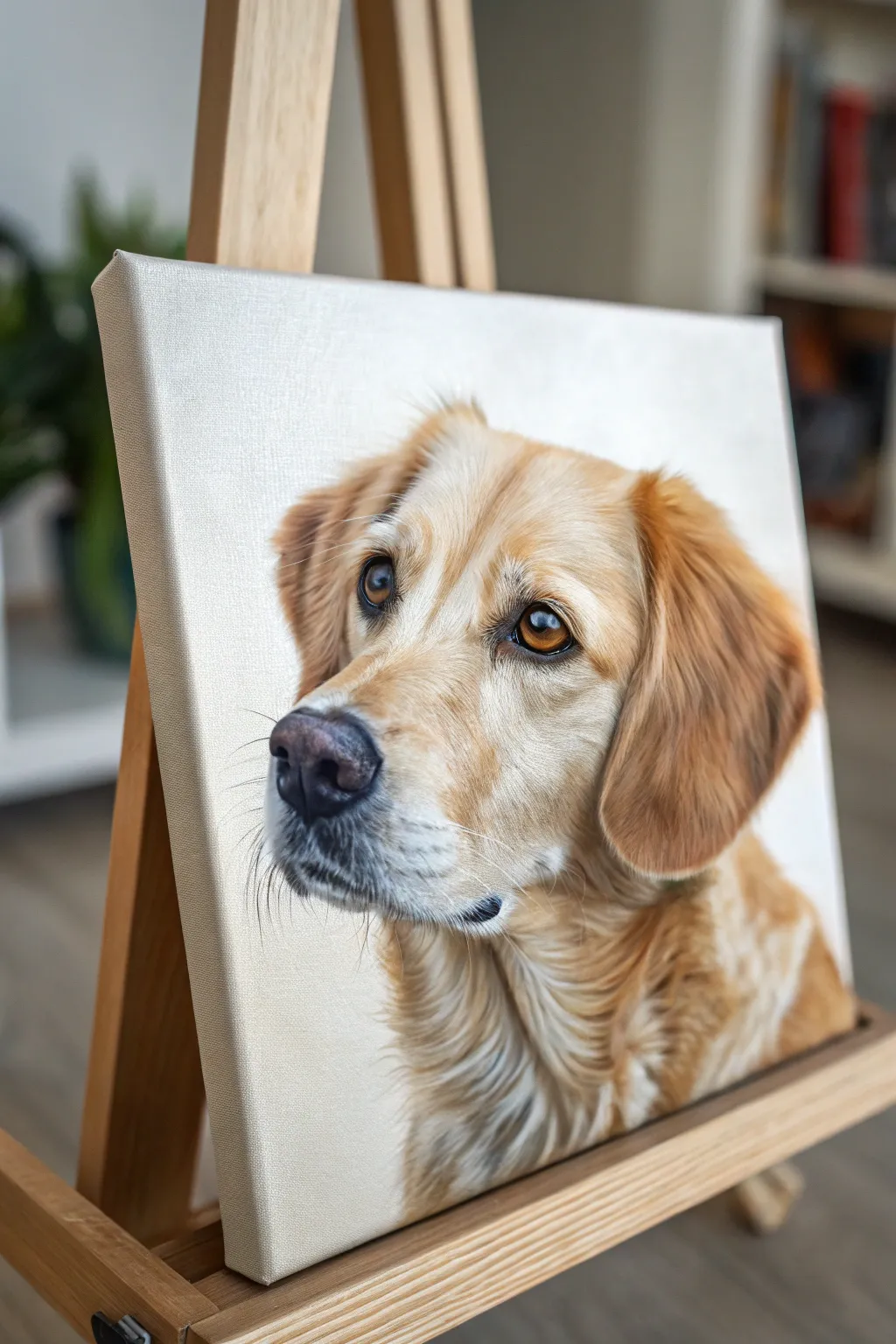 Simplified pet portrait in oils: bold shadow masses, directional strokes, and sparkling eye highlights.