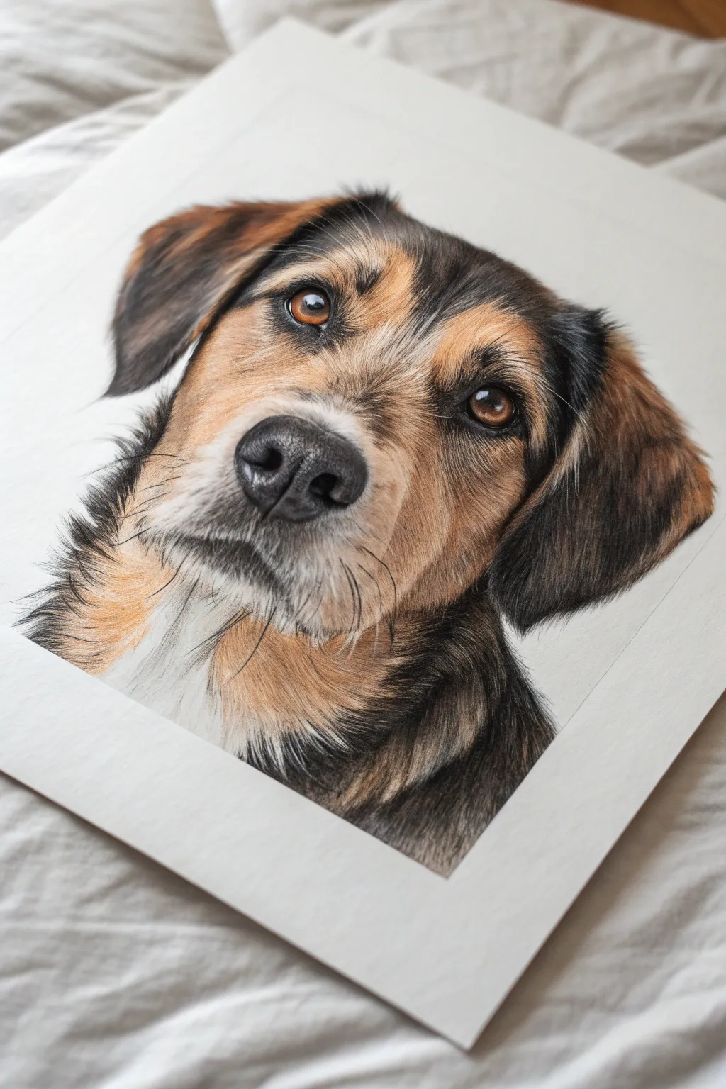 Oil pastel pet portrait close-up with short fur strokes and bright highlights on dark layers