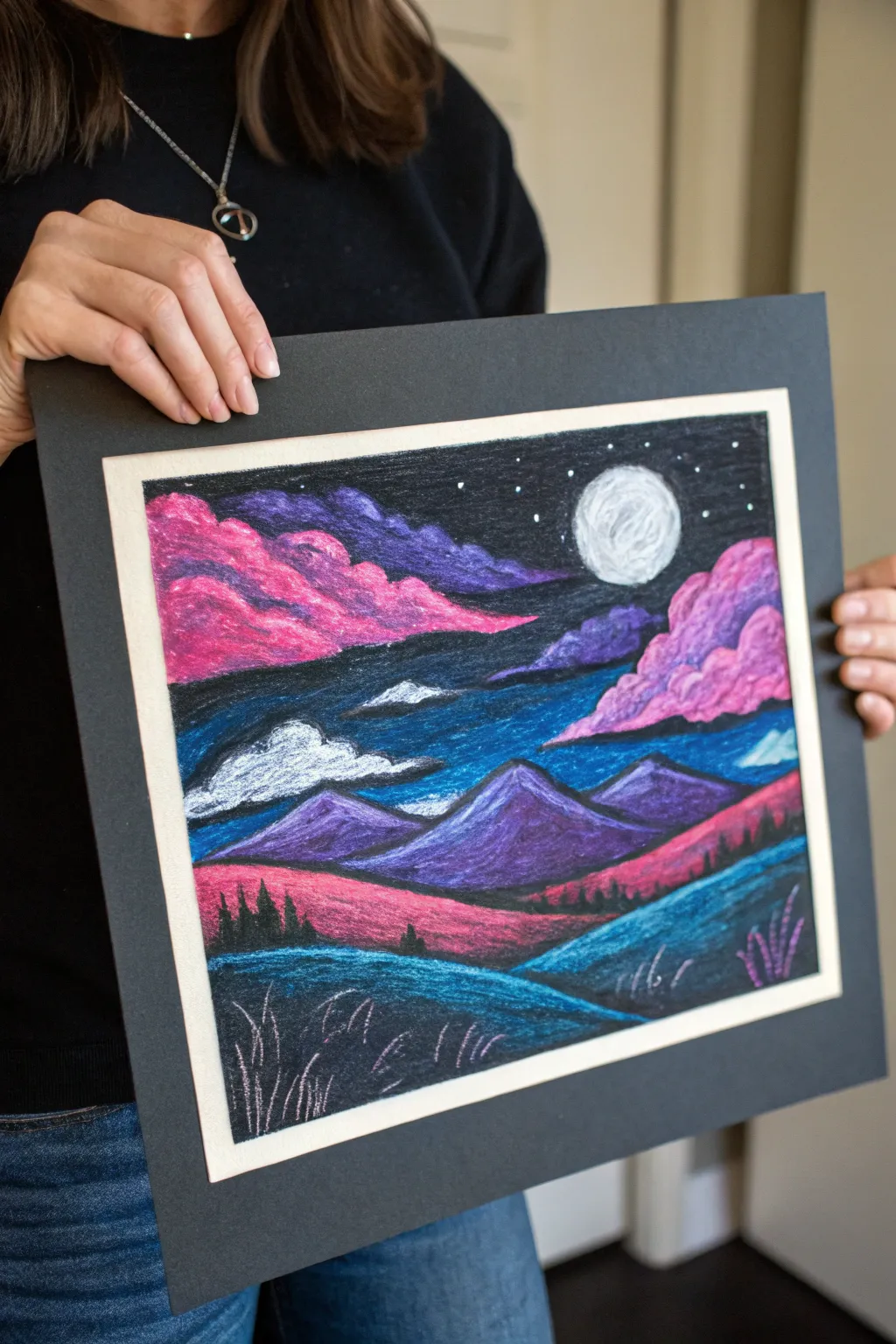 Neon oil pastel landscape on black paper with bold hot pink skies and electric blue hills