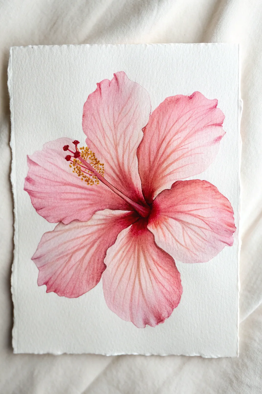 One-sweep hibiscus petals with soft gradients, simple stamen, and clean Scandinavian calm.