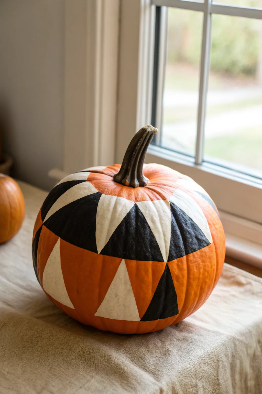 Modern color-block pumpkin: bold black and white geometry on bright orange, clean and minimal