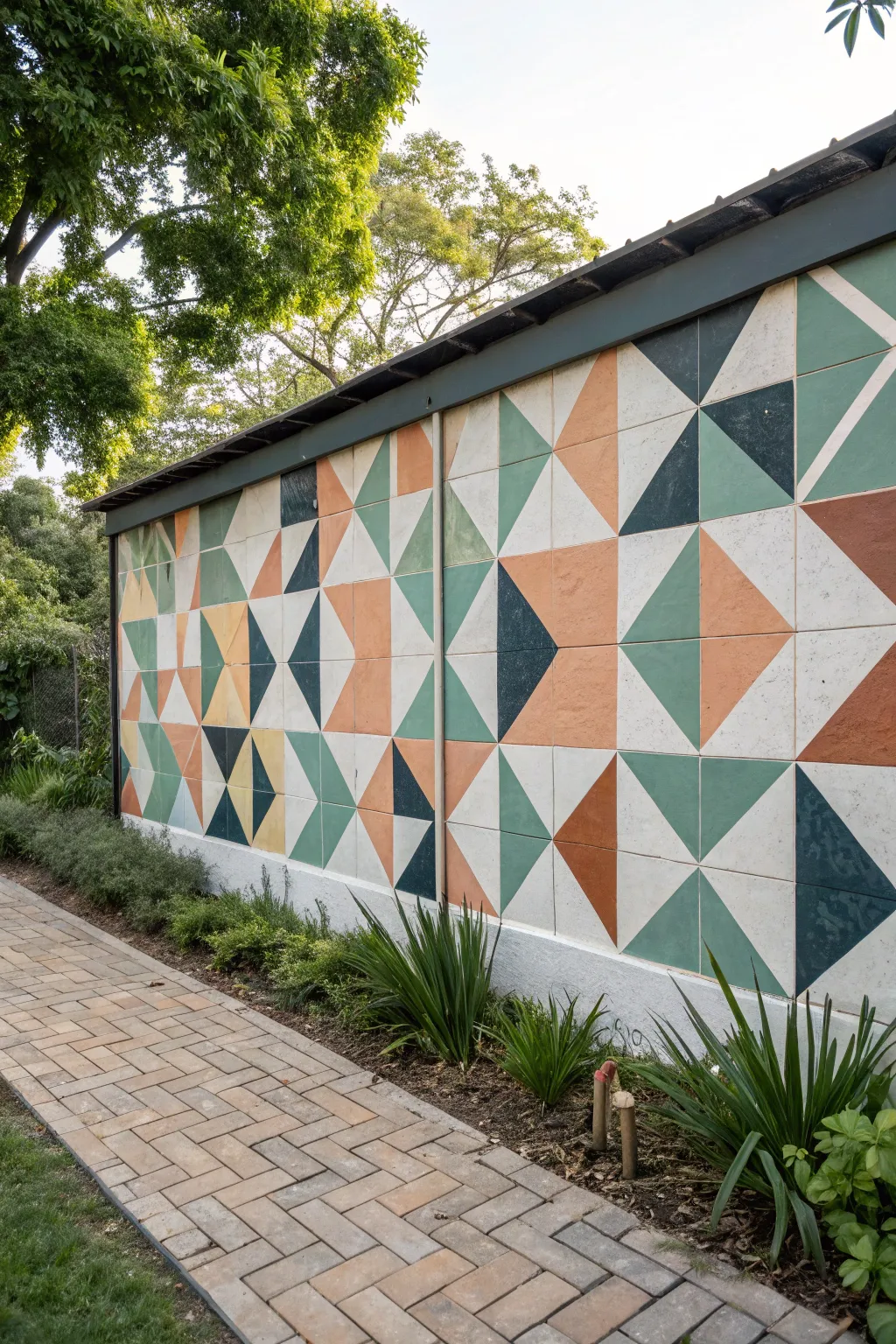 Faux tile mosaic mural in calm boho tones for a crisp, rhythmic, minimalist garden wall.