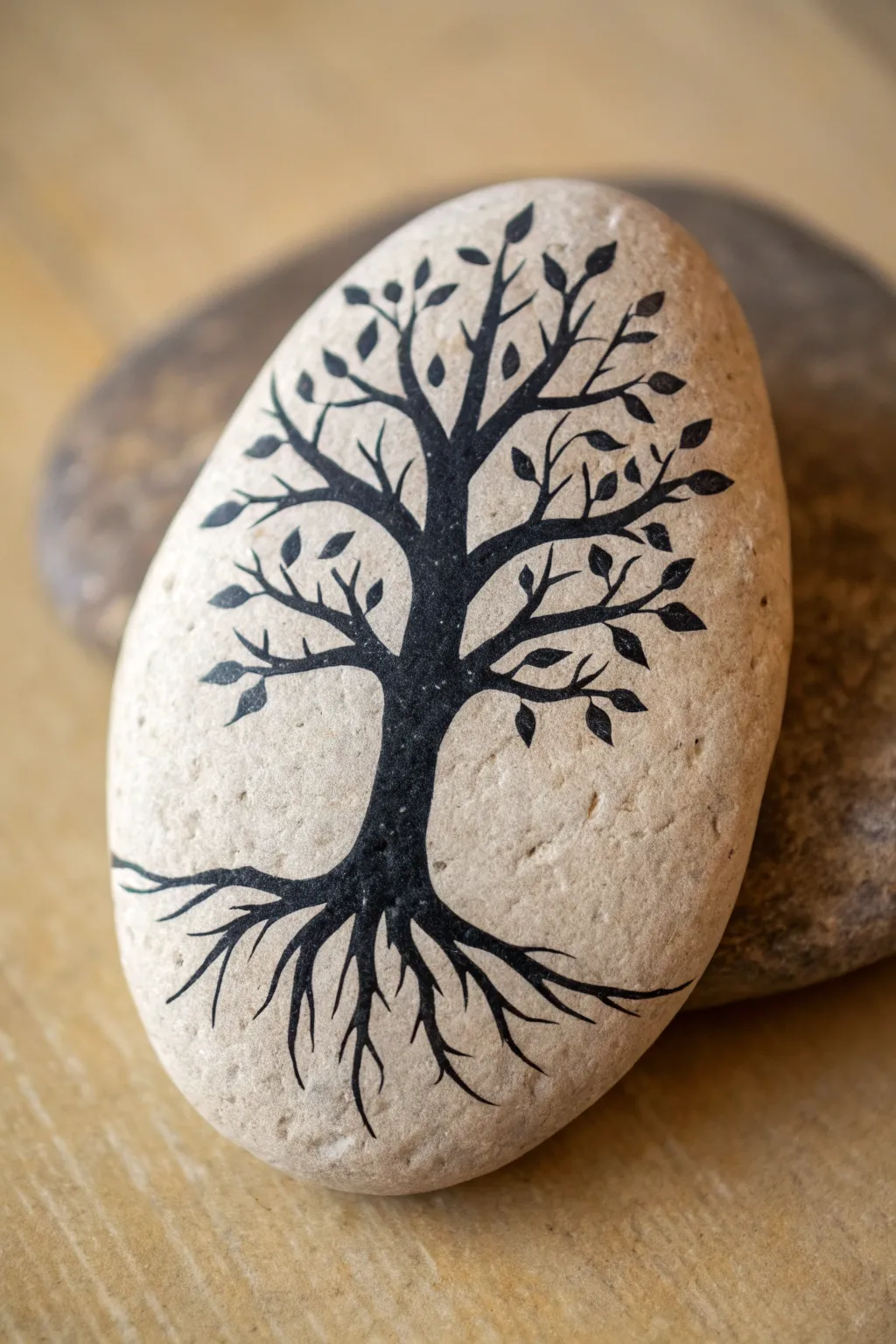 Oval rock art: a single black tree silhouette with branches and roots following the taper
