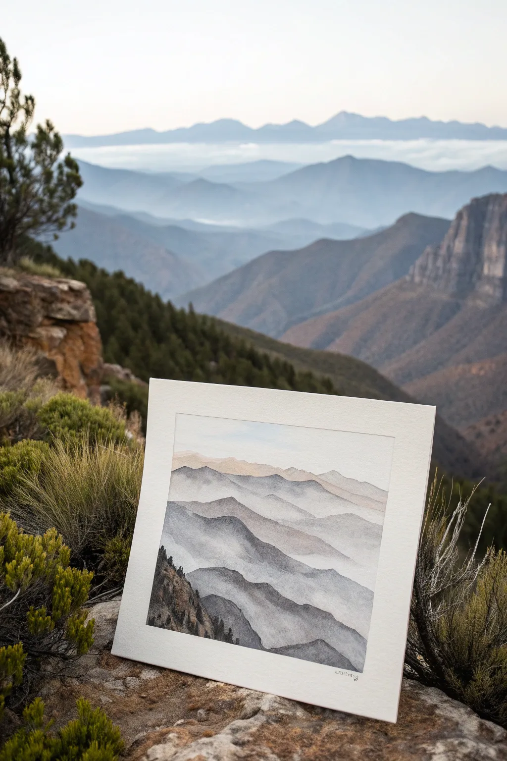 Overlapping mountain silhouettes in soft neutrals, fading layers for calm depth and contrast.