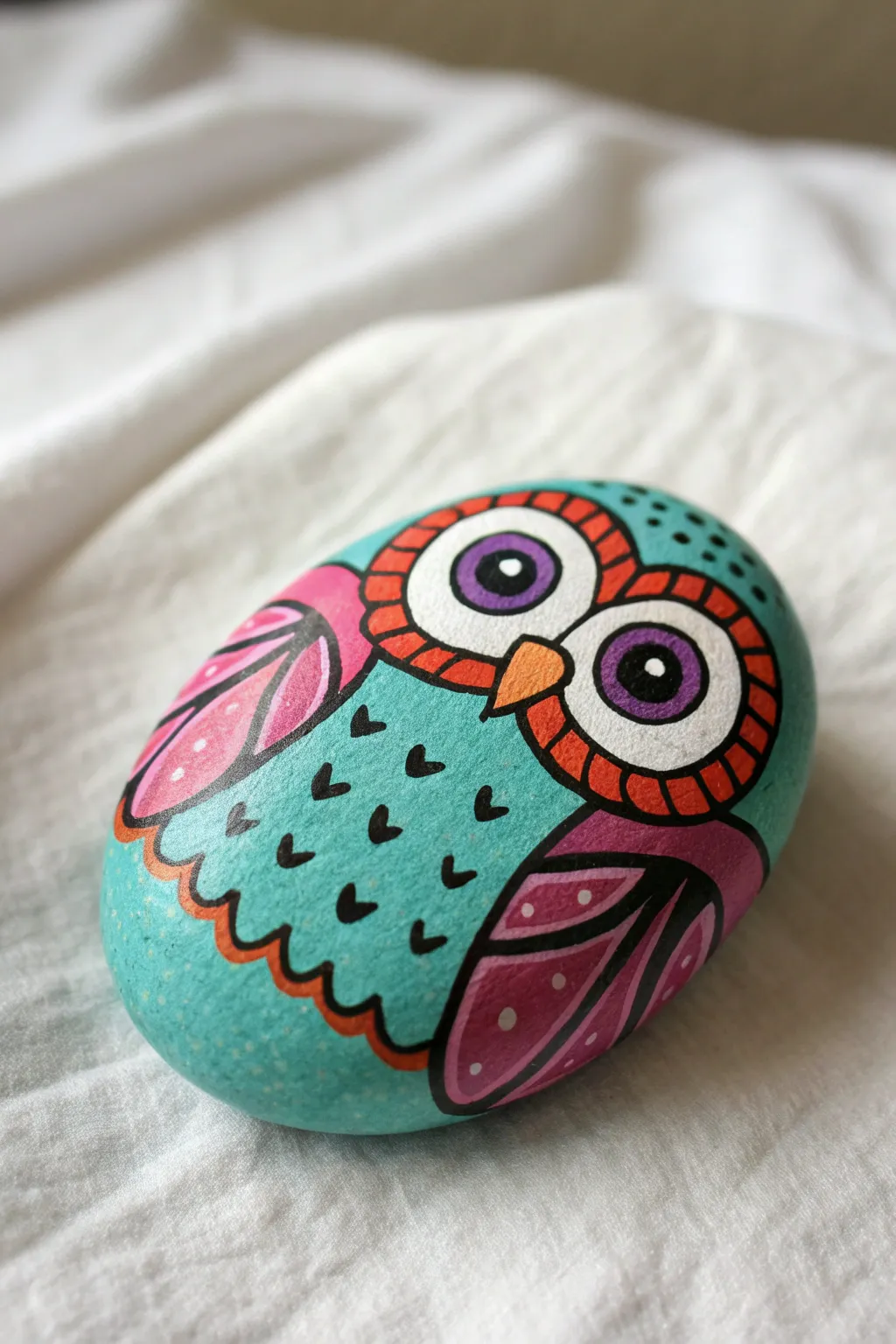 Bright cartoon owl rock in turquoise, coral, and purple with giant eyes and crisp outlines