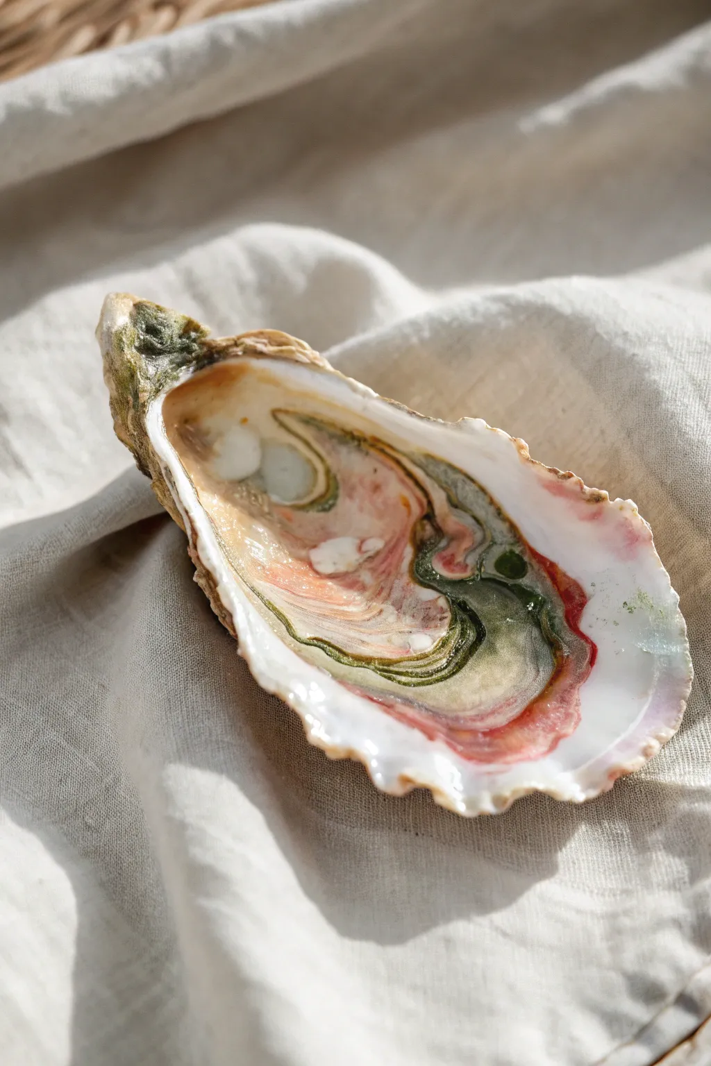 Abstract swirl oyster shell with marbled color ribbons on linen, minimalist boho coastal vibe.