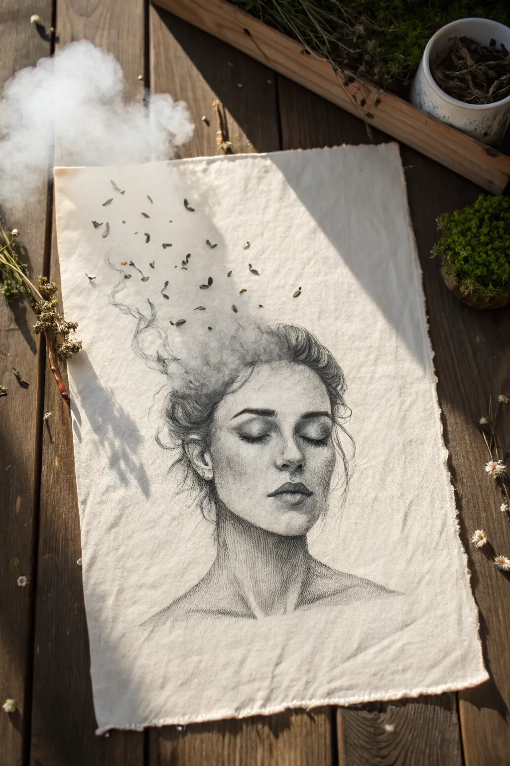 Charcoal portrait with a head fading into smoke, a minimalist stress-inspired drawing idea.