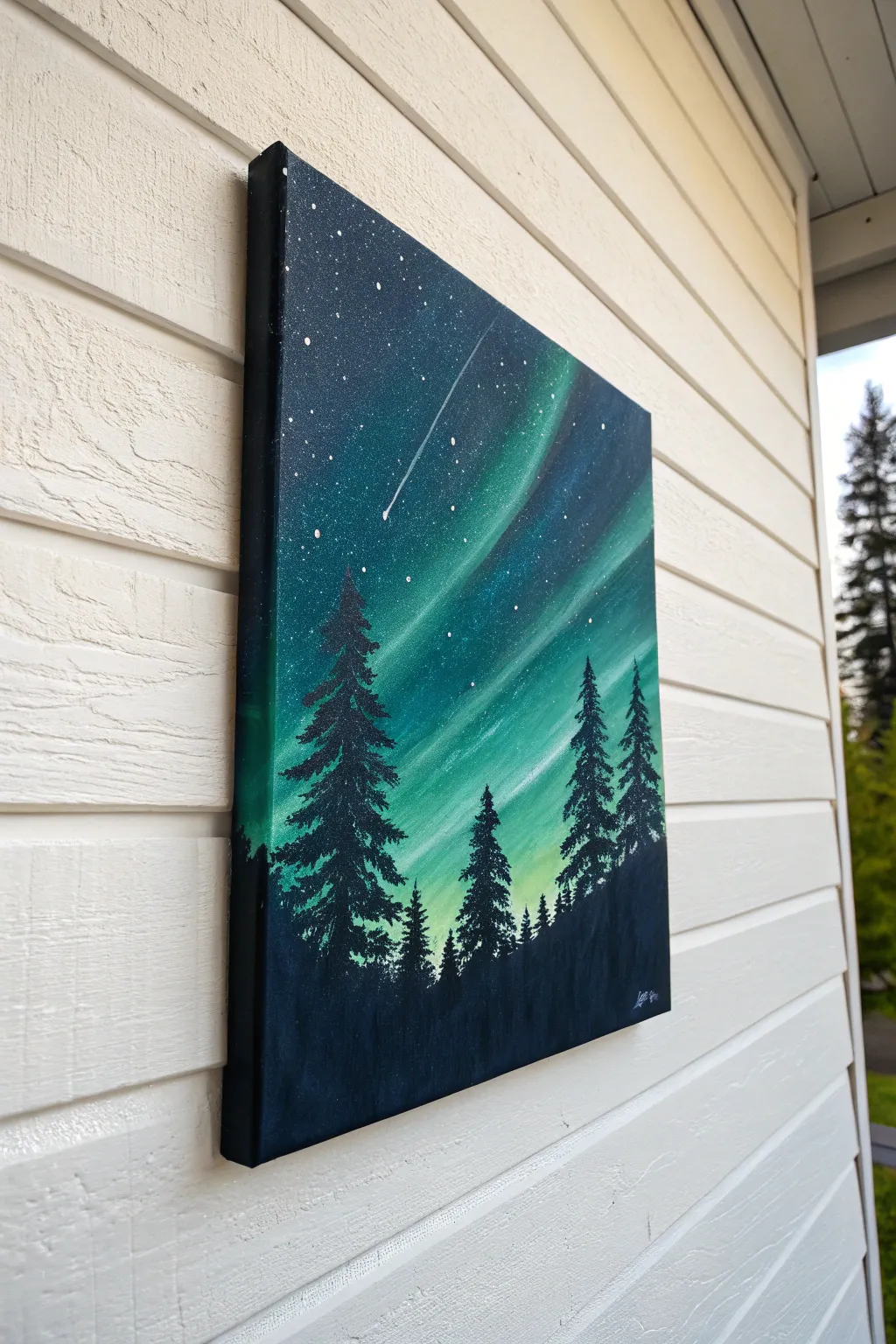 Easy paint and sip northern lights: swipe-blended aurora over a bold pine silhouette
