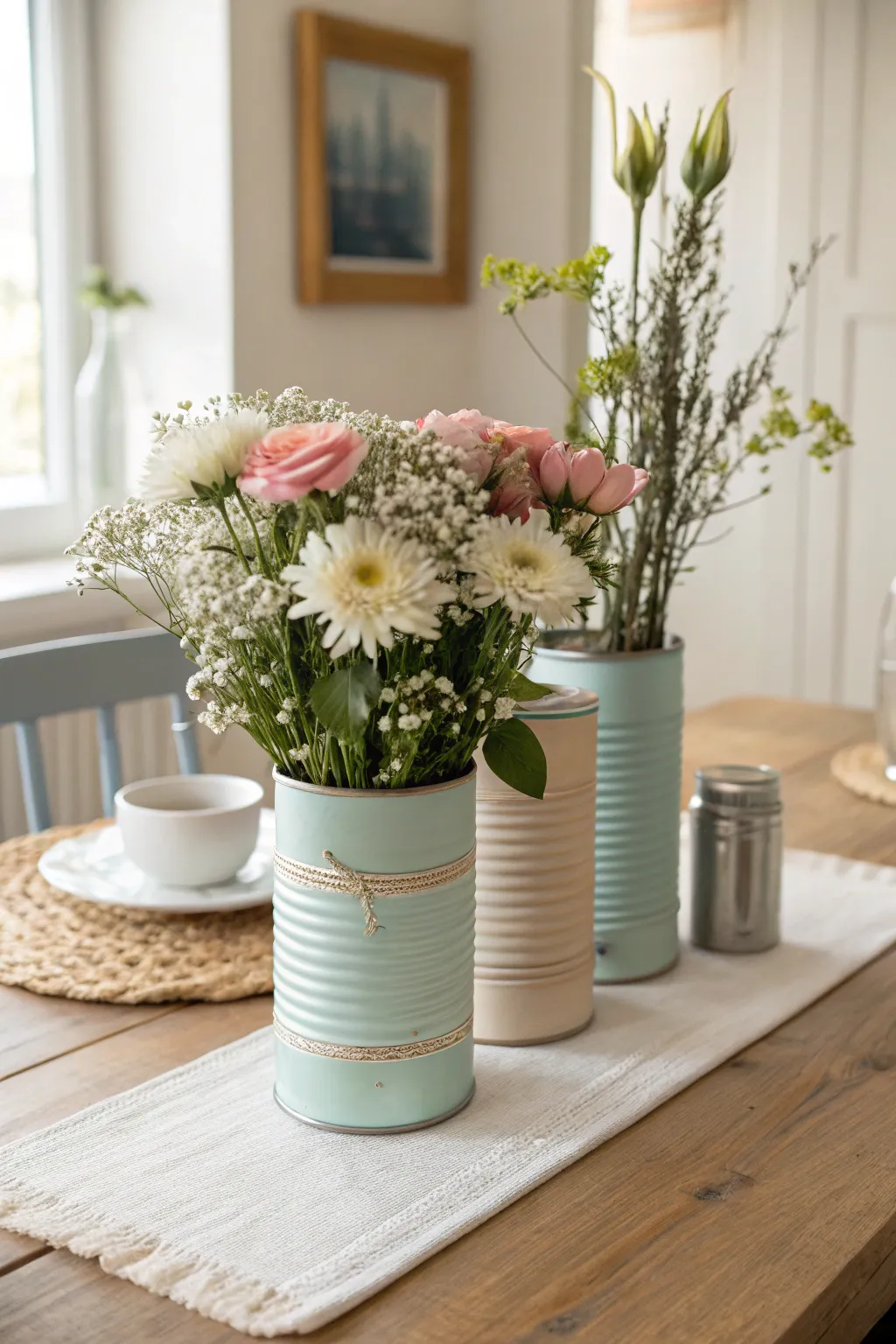 DIY centerpiece: painted quart paint cans as minimalist vases with fresh blooms and soft light
