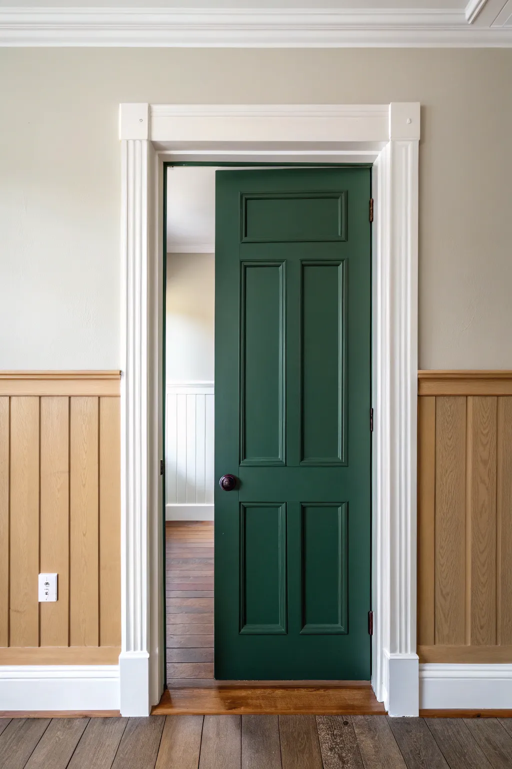Bold door and trim against a calm wall for crisp, modern transitions in any room