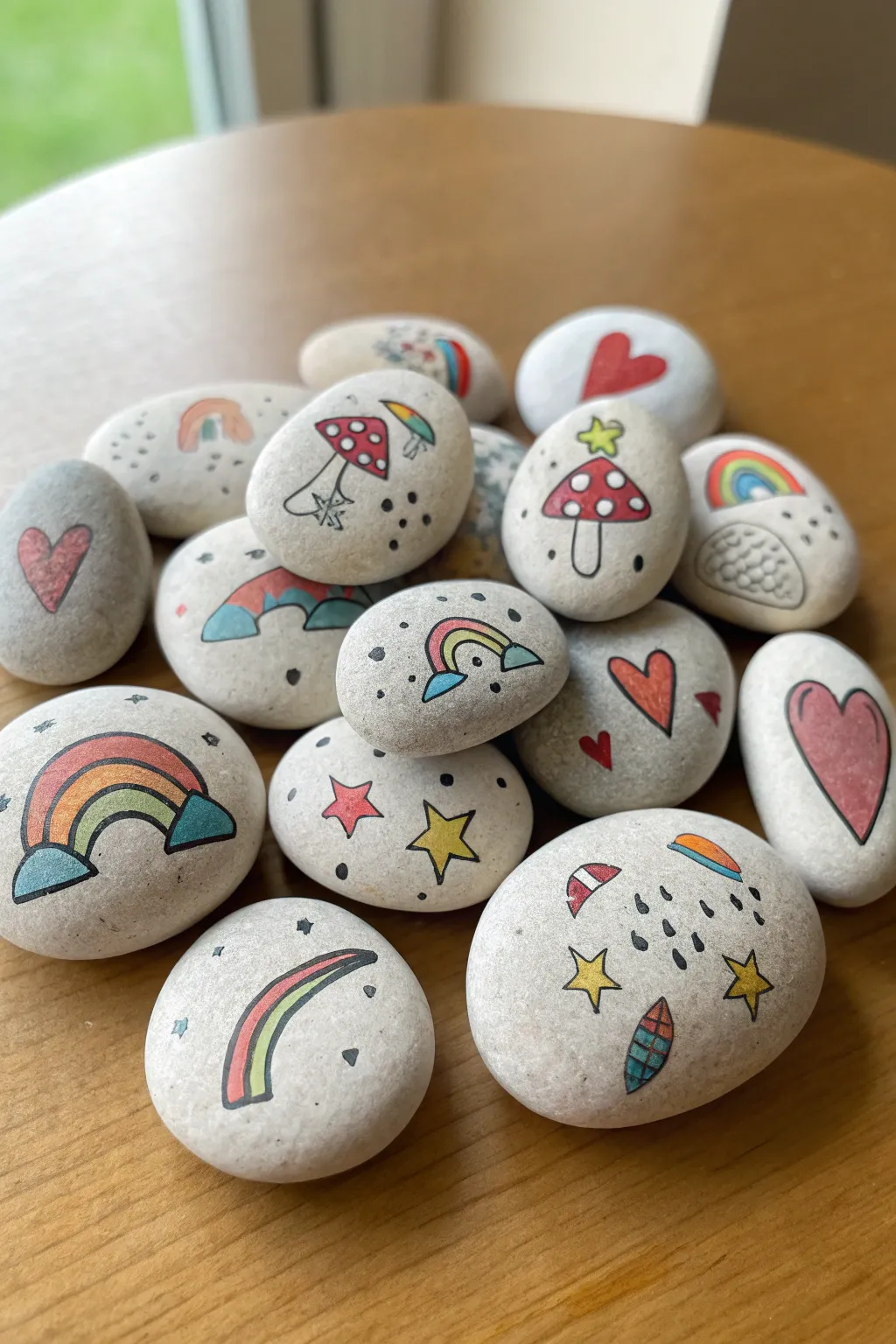 Mini paint marker rock art: tiny rainbows and mushrooms on smooth stones, clean and cozy